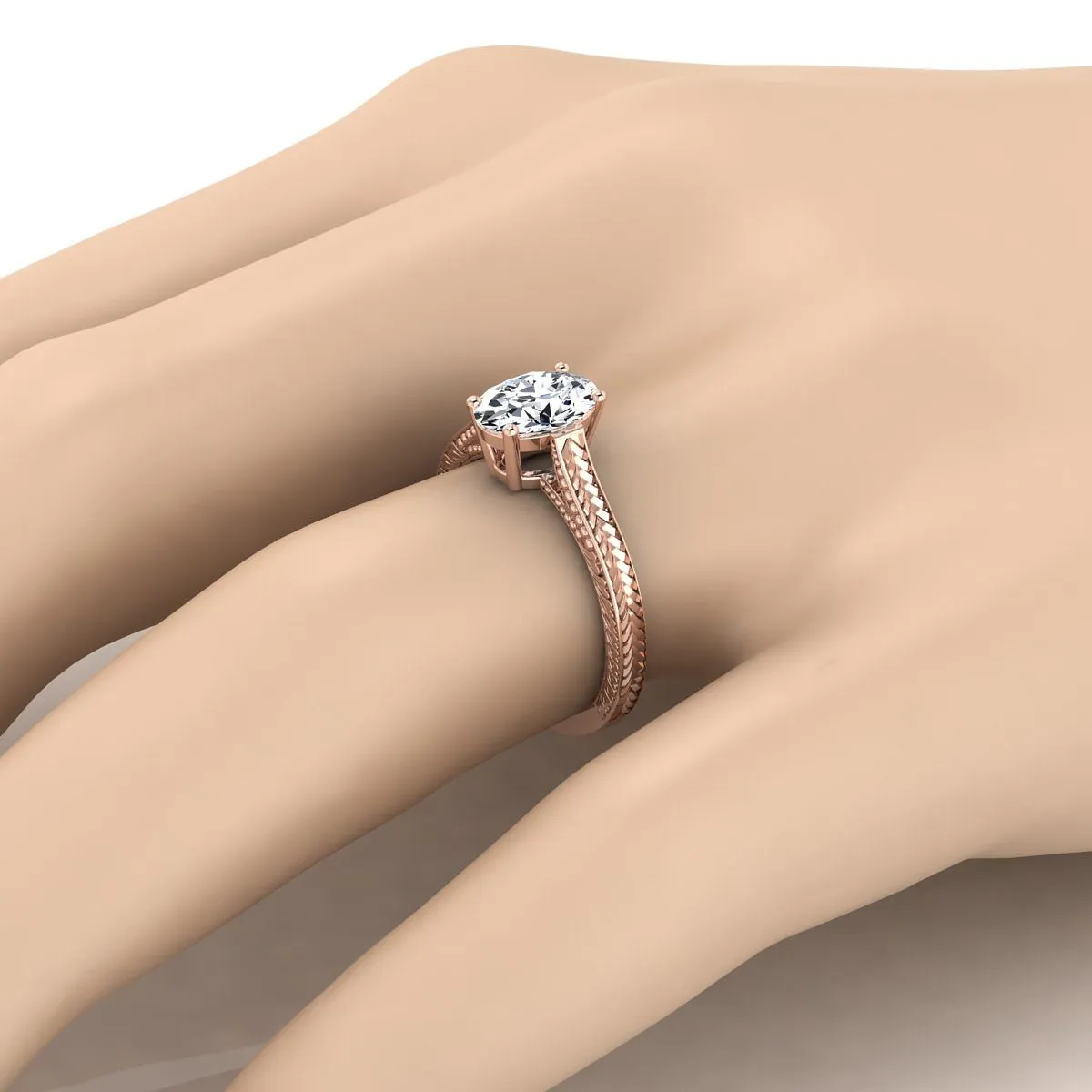 14K Rose Gold Oval Emerald Hand Engraved Vintage Cathedral Style Solitaire Engagement Ring
