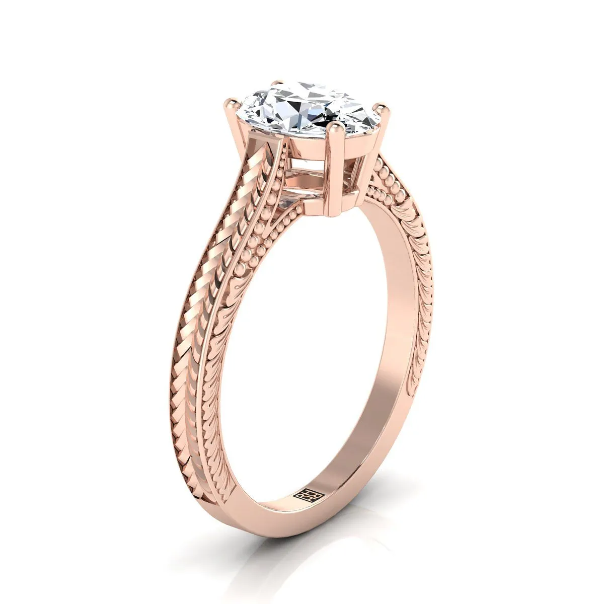 14K Rose Gold Oval Emerald Hand Engraved Vintage Cathedral Style Solitaire Engagement Ring