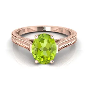 14K Rose Gold Oval Peridot Hand Engraved Vintage Cathedral Style Solitaire Engagement Ring