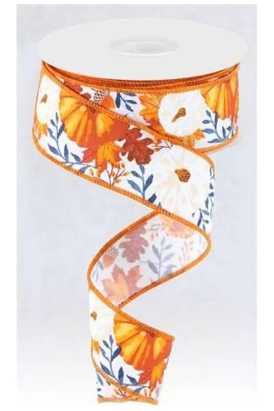 1.5" Pumpkin Foliage Ribbon: White/Navy (10 Yards)