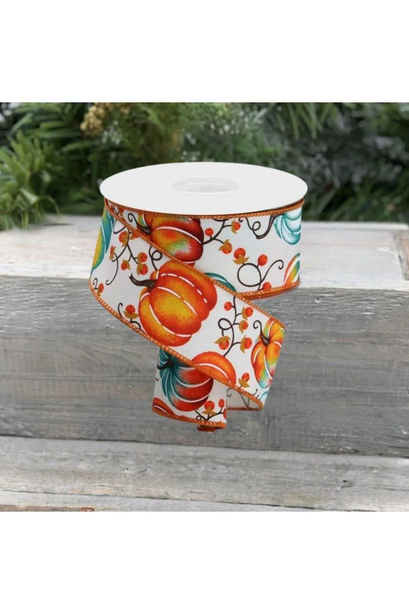 1.5" Pumpkins Bittersweet Ribbon: Ivory/Teal (10 Yards)