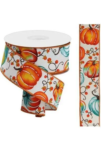 1.5" Pumpkins Bittersweet Ribbon: Ivory/Teal (10 Yards)