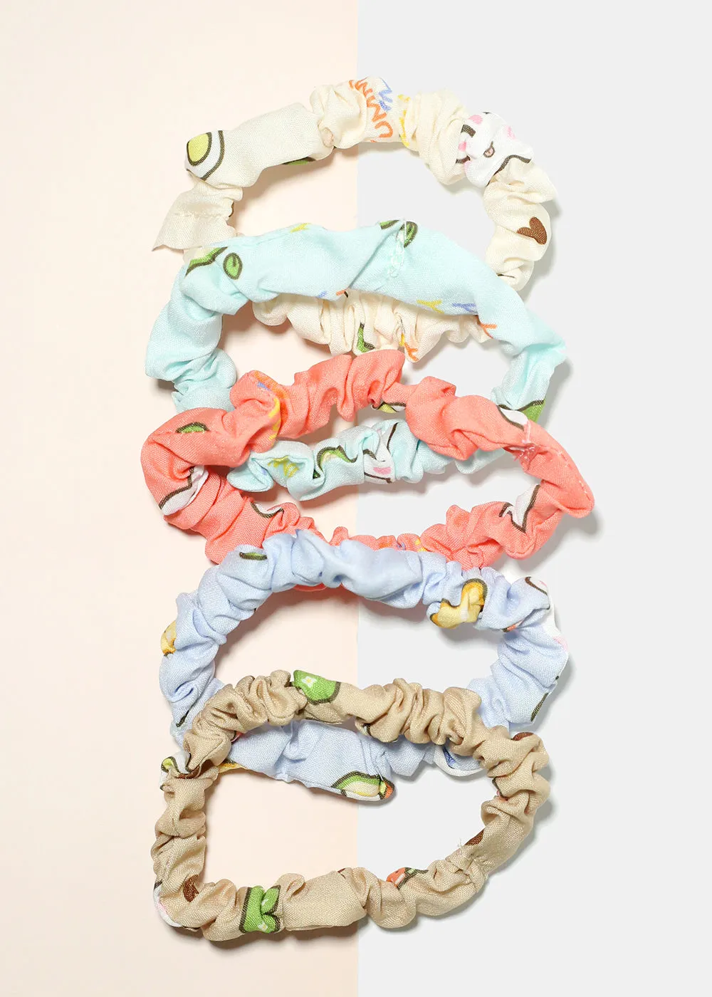 5 Piece Food & Bunny Print Scrunchies