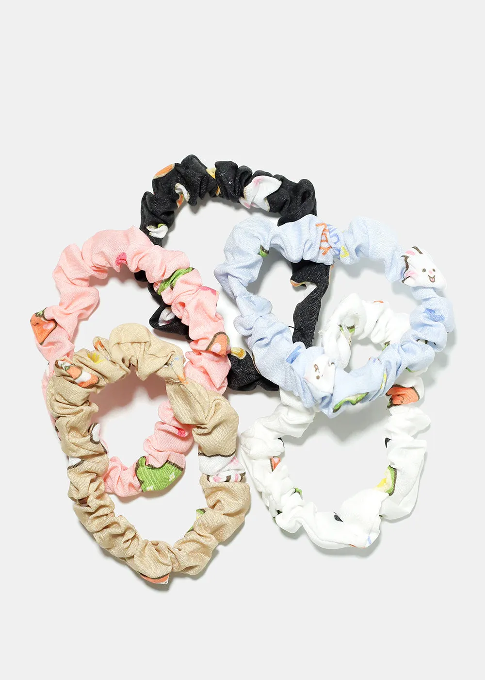 5 Piece Food & Bunny Print Scrunchies