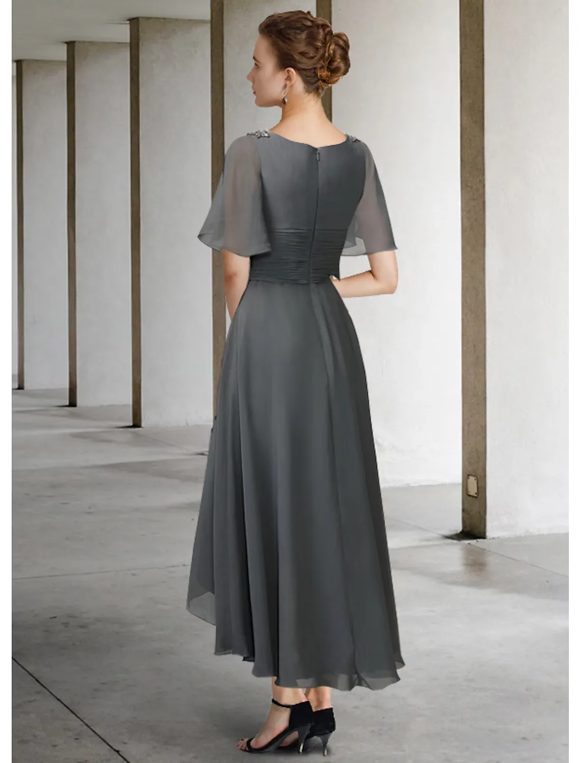 A-Line Mother of the Bride Dress Elegant High Low V Neck Asymmetrical Chiffon Short Sleeve with Pleats Ruching