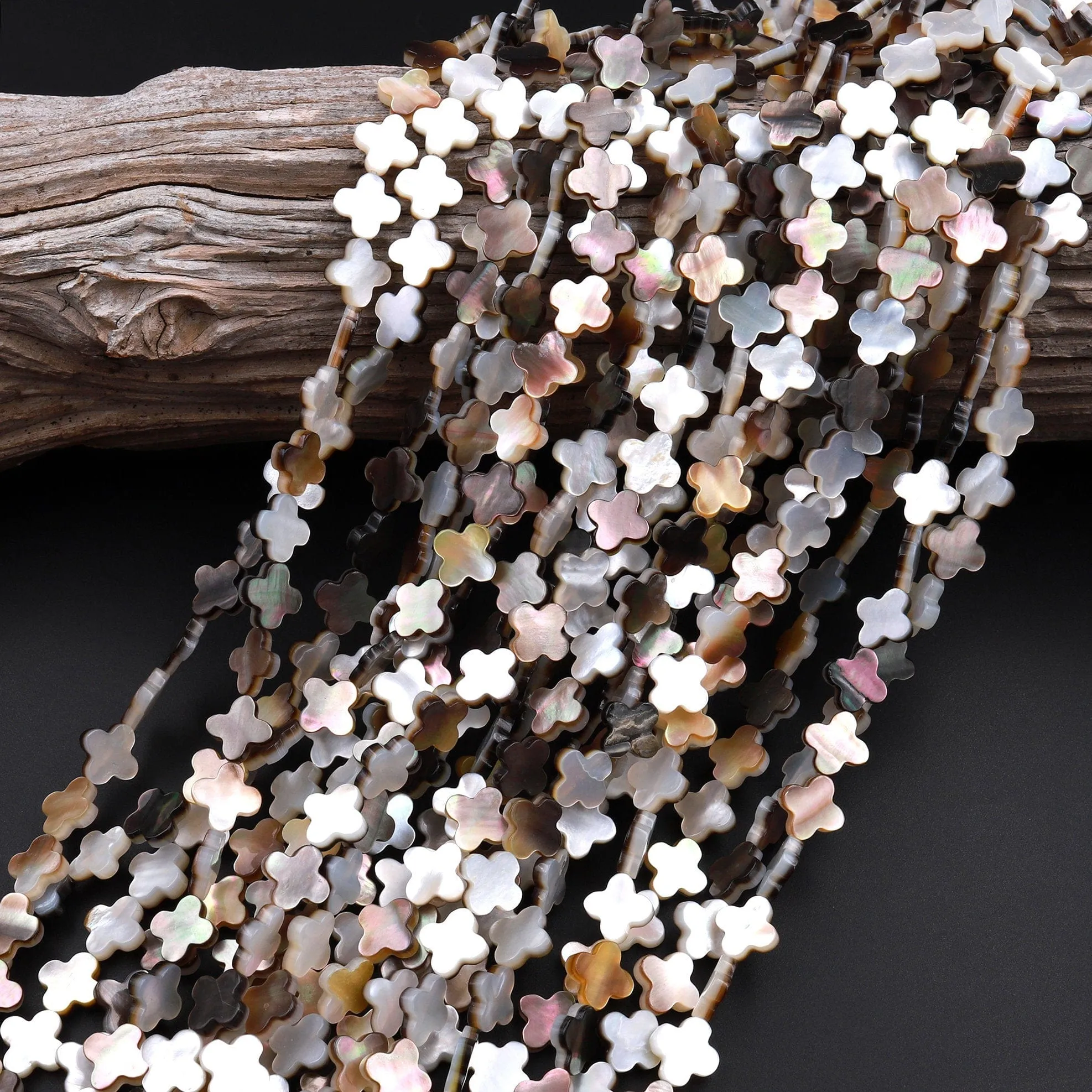 AAA Iridescent 4 Leaf Clover Hand Carved Natural Gold Brown Mother of Pearl 6mm 8mm 10mm Beads 15.5" Strand