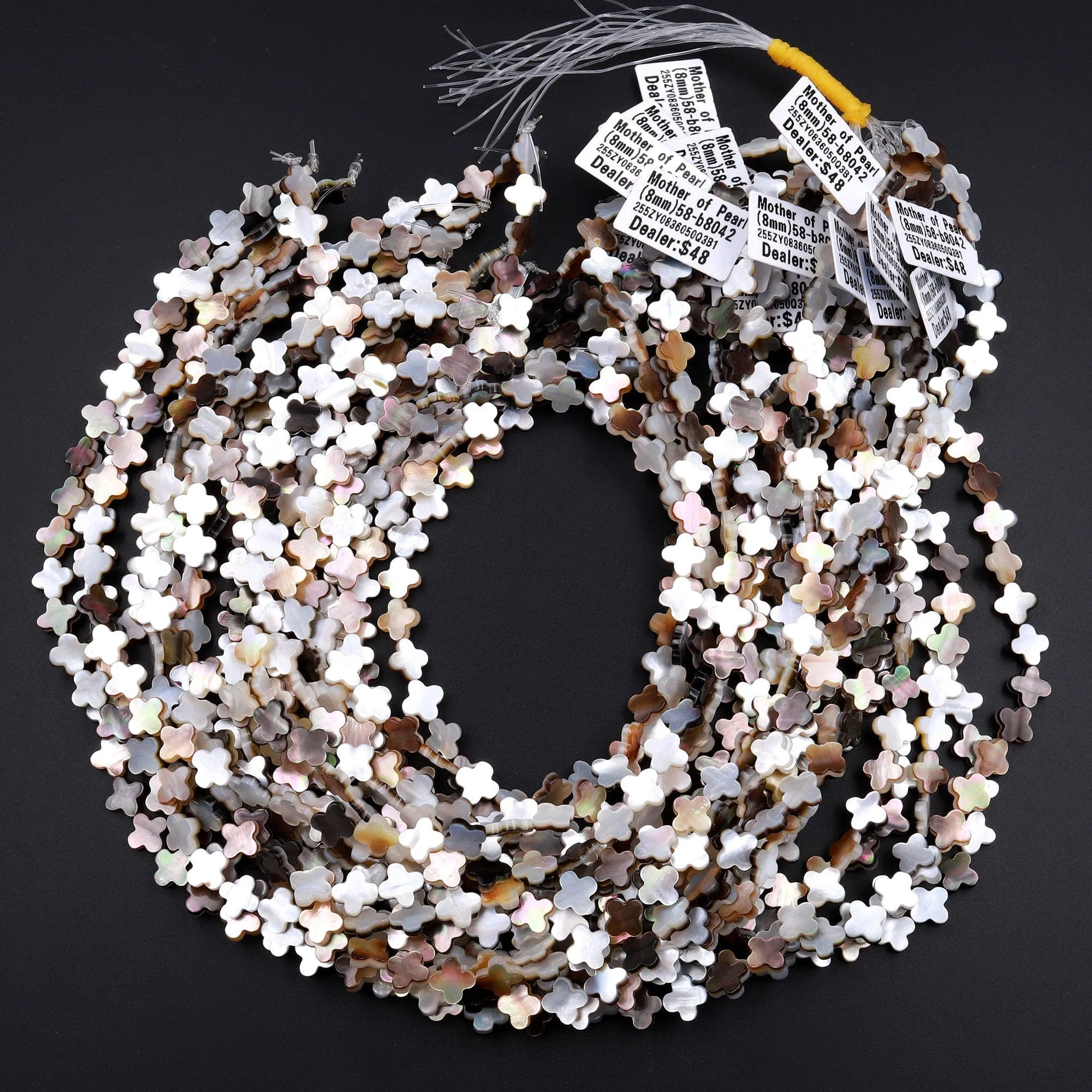 AAA Iridescent 4 Leaf Clover Hand Carved Natural Gold Brown Mother of Pearl 6mm 8mm 10mm Beads 15.5" Strand