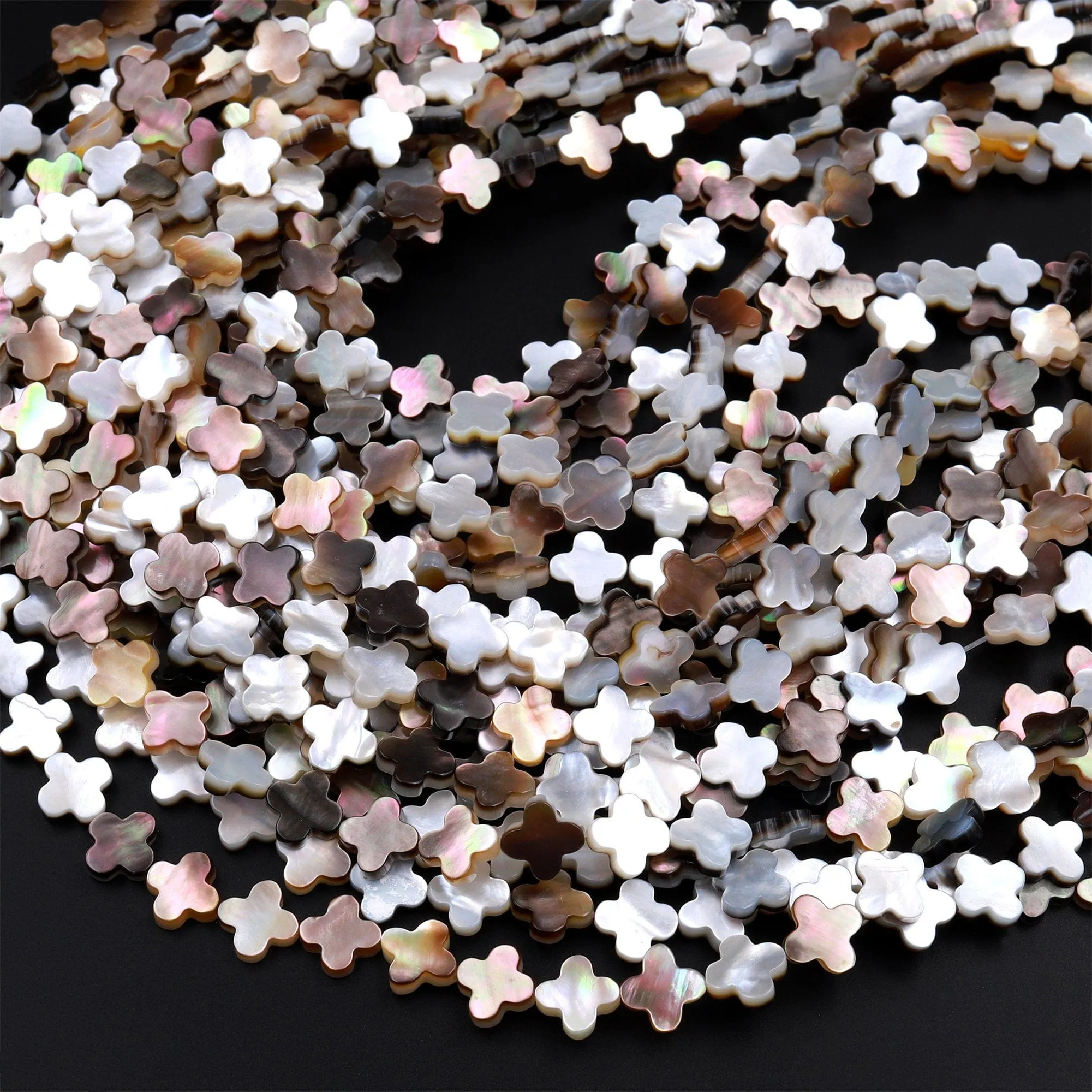 AAA Iridescent 4 Leaf Clover Hand Carved Natural Gold Brown Mother of Pearl 6mm 8mm 10mm Beads 15.5" Strand