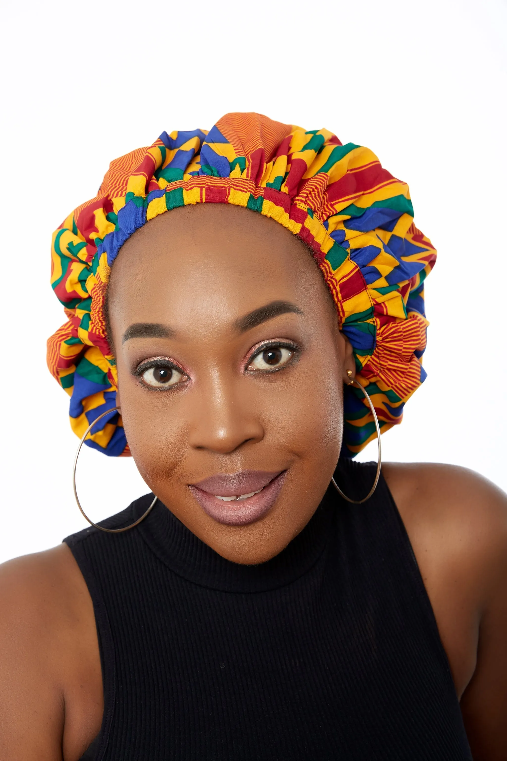 African Blue Bulb Print Ankara Extra large satin lined Bonnet