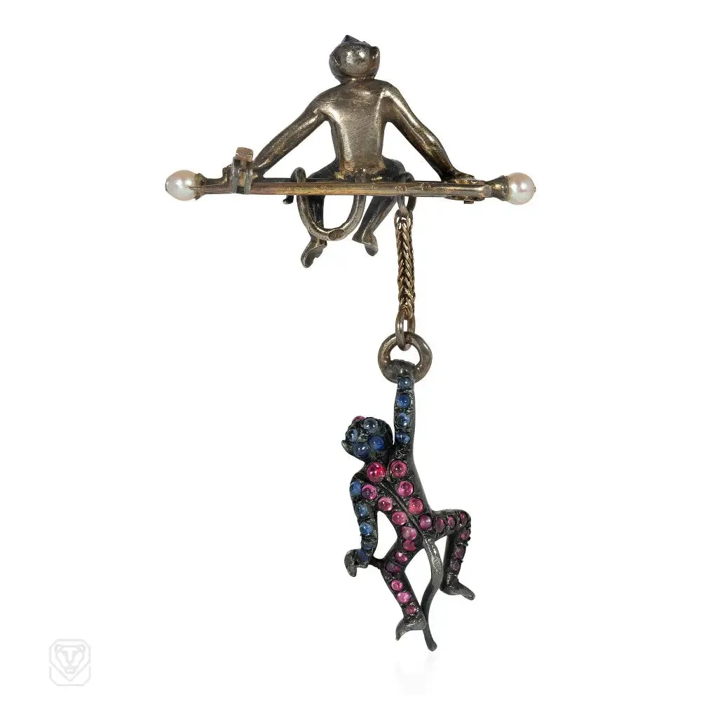 Antique diamond and gem monkey brooch