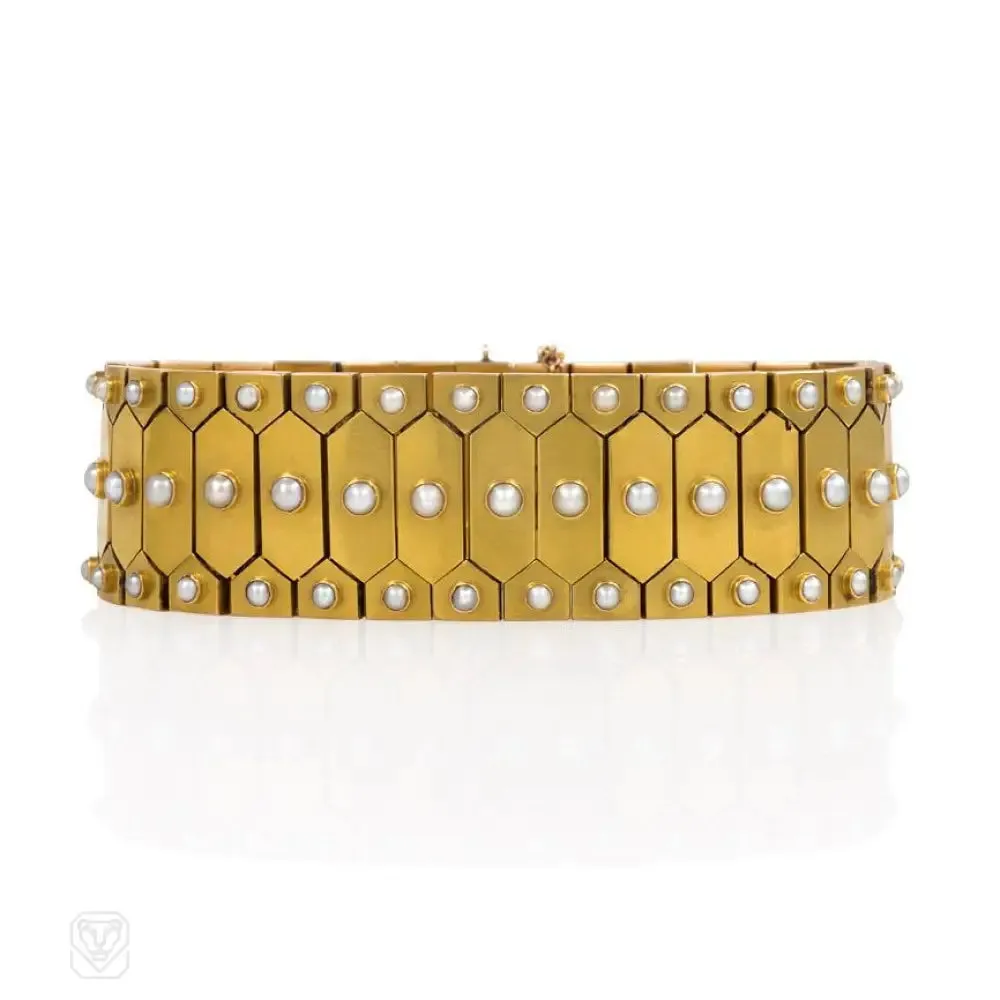 Antique gold and pearl plaque bracelet