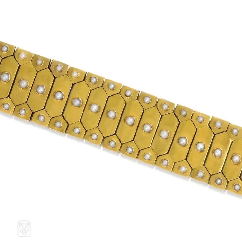 Antique gold and pearl plaque bracelet