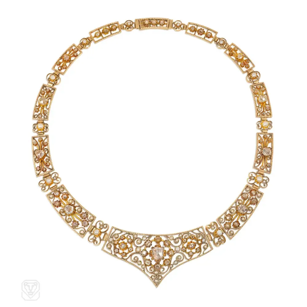 Antique Portuguese diamond, gold, and pearl necklace