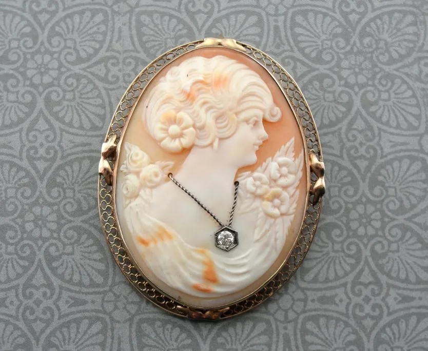 Antique Shell Cameo and Diamond Brooch or Pendant in Gold Frame