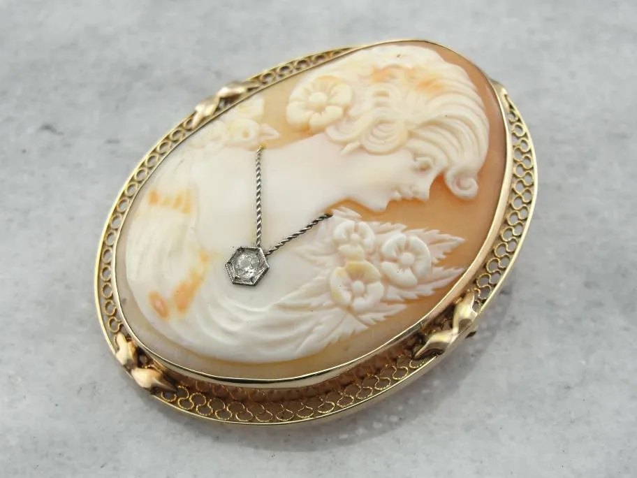 Antique Shell Cameo and Diamond Brooch or Pendant in Gold Frame