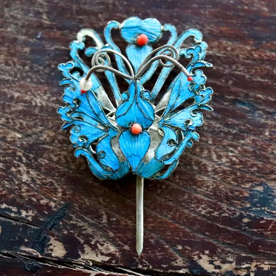 Antique Tian-Tsui (點翠) Hair Pin - Butterfly/Moth - 1028