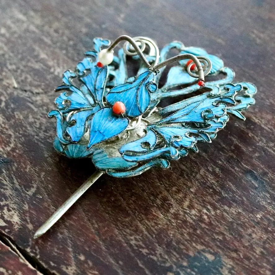 Antique Tian-Tsui (點翠) Hair Pin - Butterfly/Moth - 1028