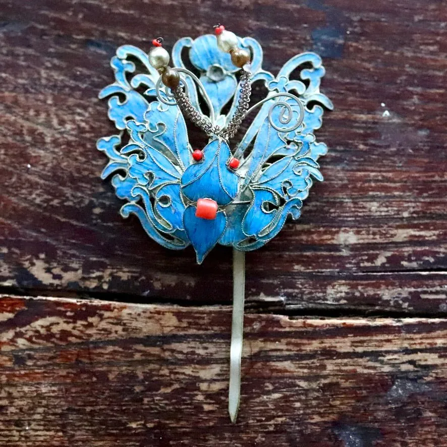 Antique Tian-Tsui (點翠) Hair Pin - Butterfly/Moth - 1038