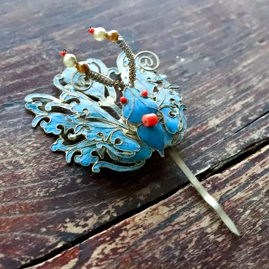 Antique Tian-Tsui (點翠) Hair Pin - Butterfly/Moth - 1038