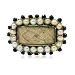 Antique Victorian Pearl & Garnet Woven Hair Gold Mourning Brooch