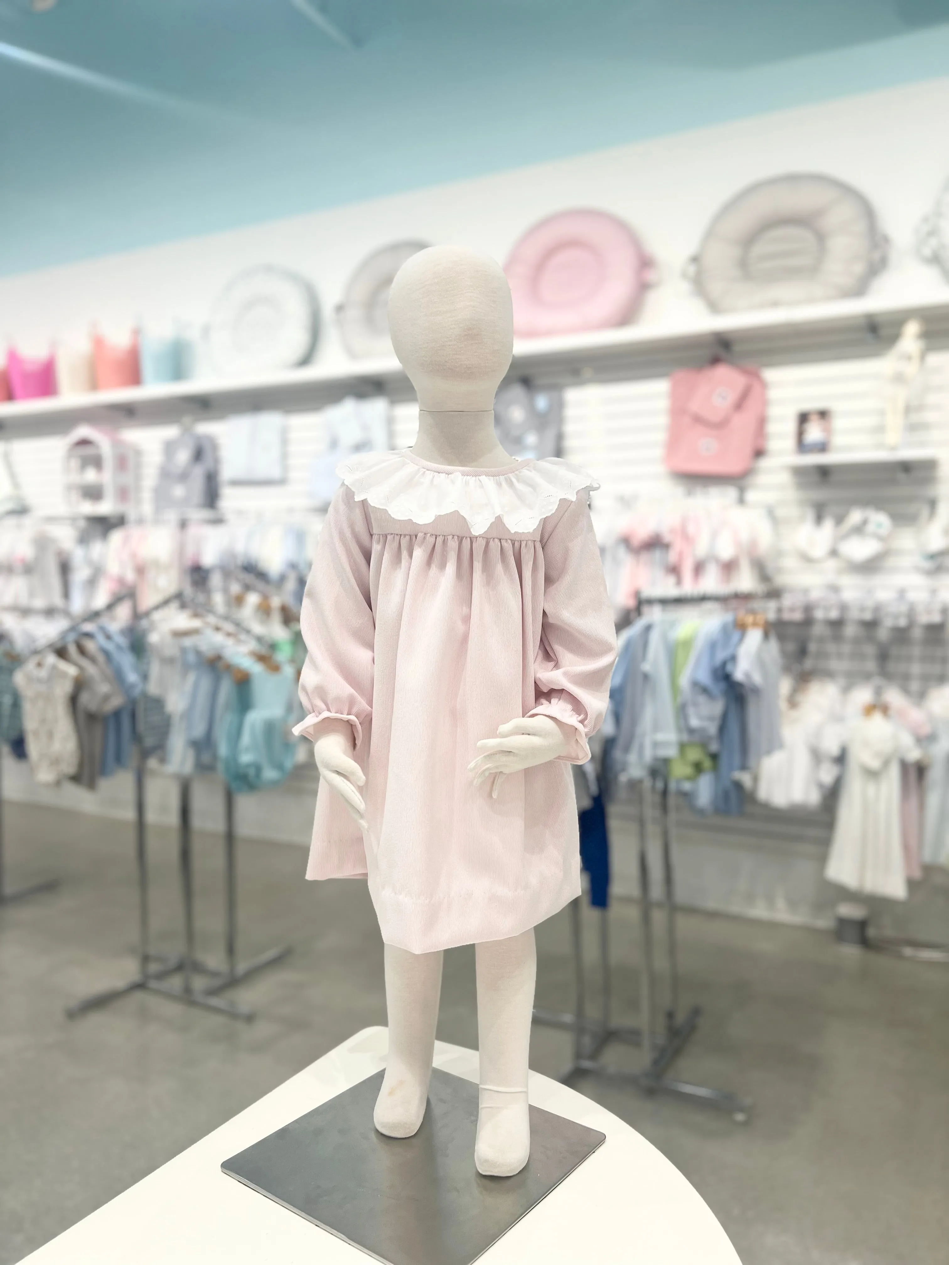 Anvy Kids Pink Corduroy Christy Dress, Lace Collar with Bows