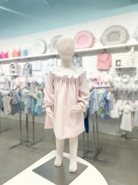 Anvy Kids Pink Corduroy Christy Dress, Lace Collar with Bows