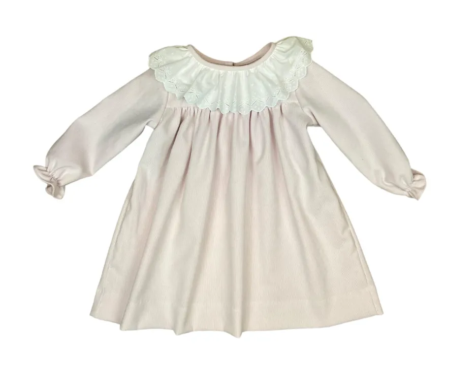 Anvy Kids Pink Corduroy Christy Dress, Lace Collar with Bows