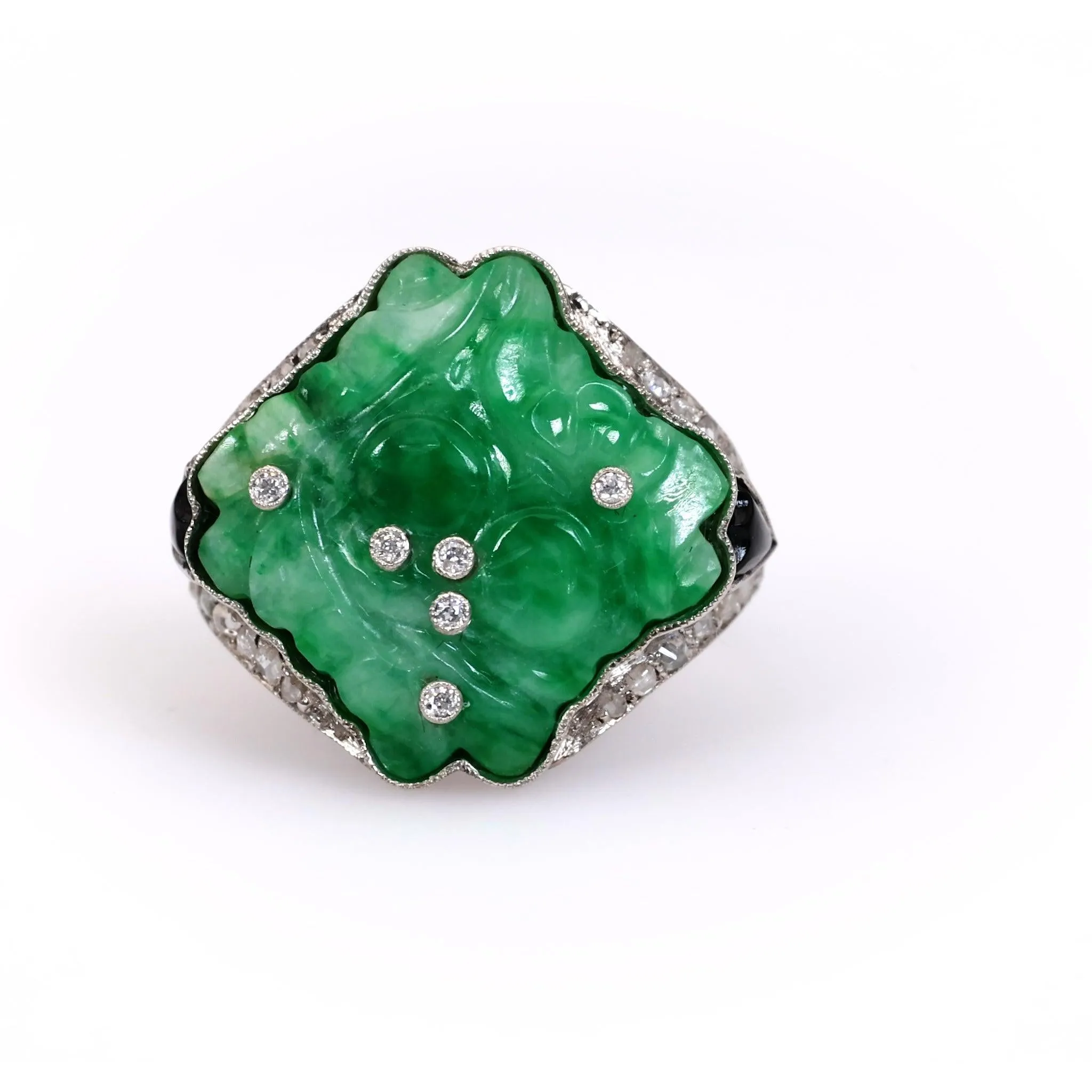 Art Deco Inspired Jade, Diamond, and Onyx Platinum Ring