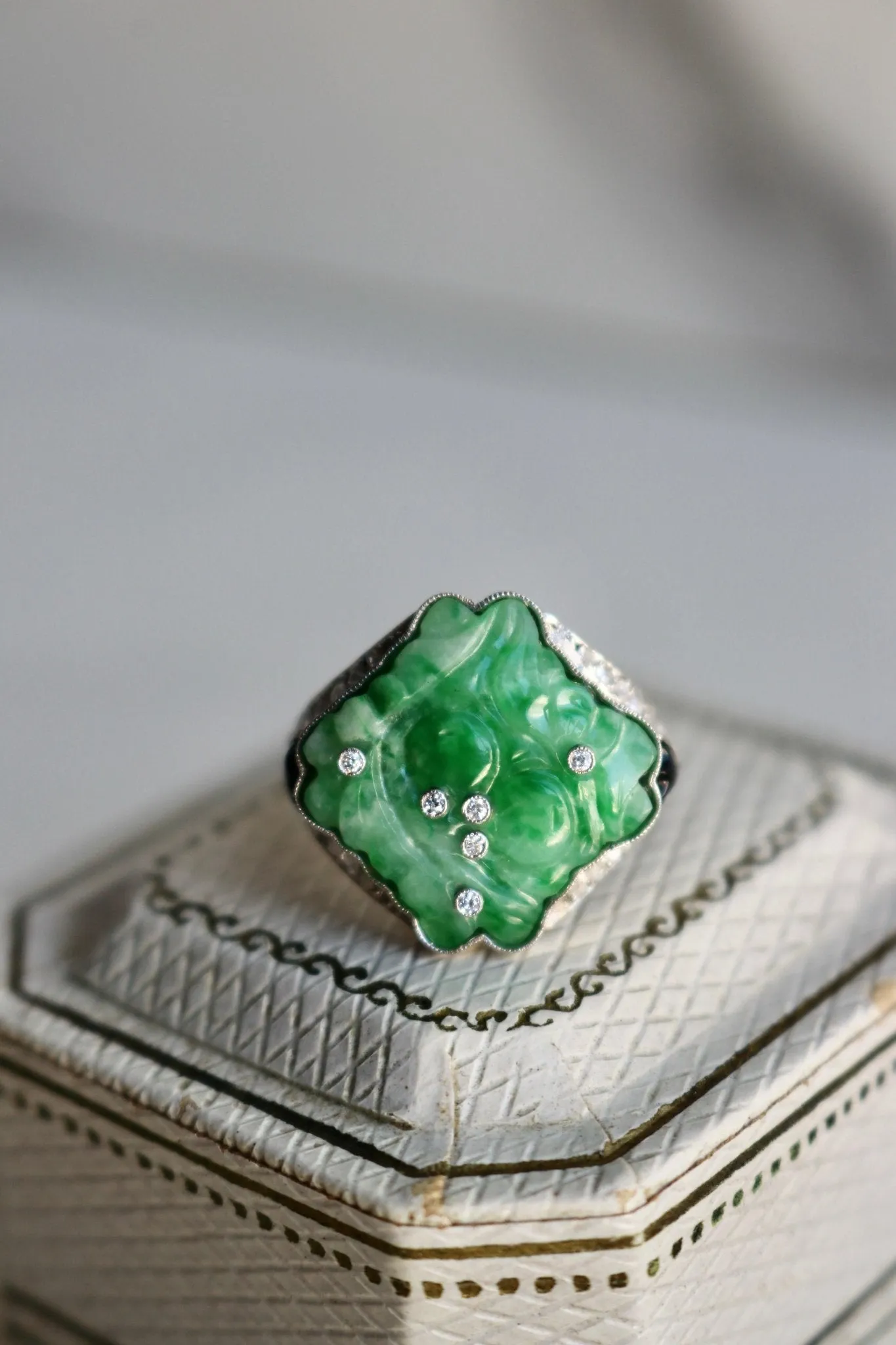 Art Deco Inspired Jade, Diamond, and Onyx Platinum Ring