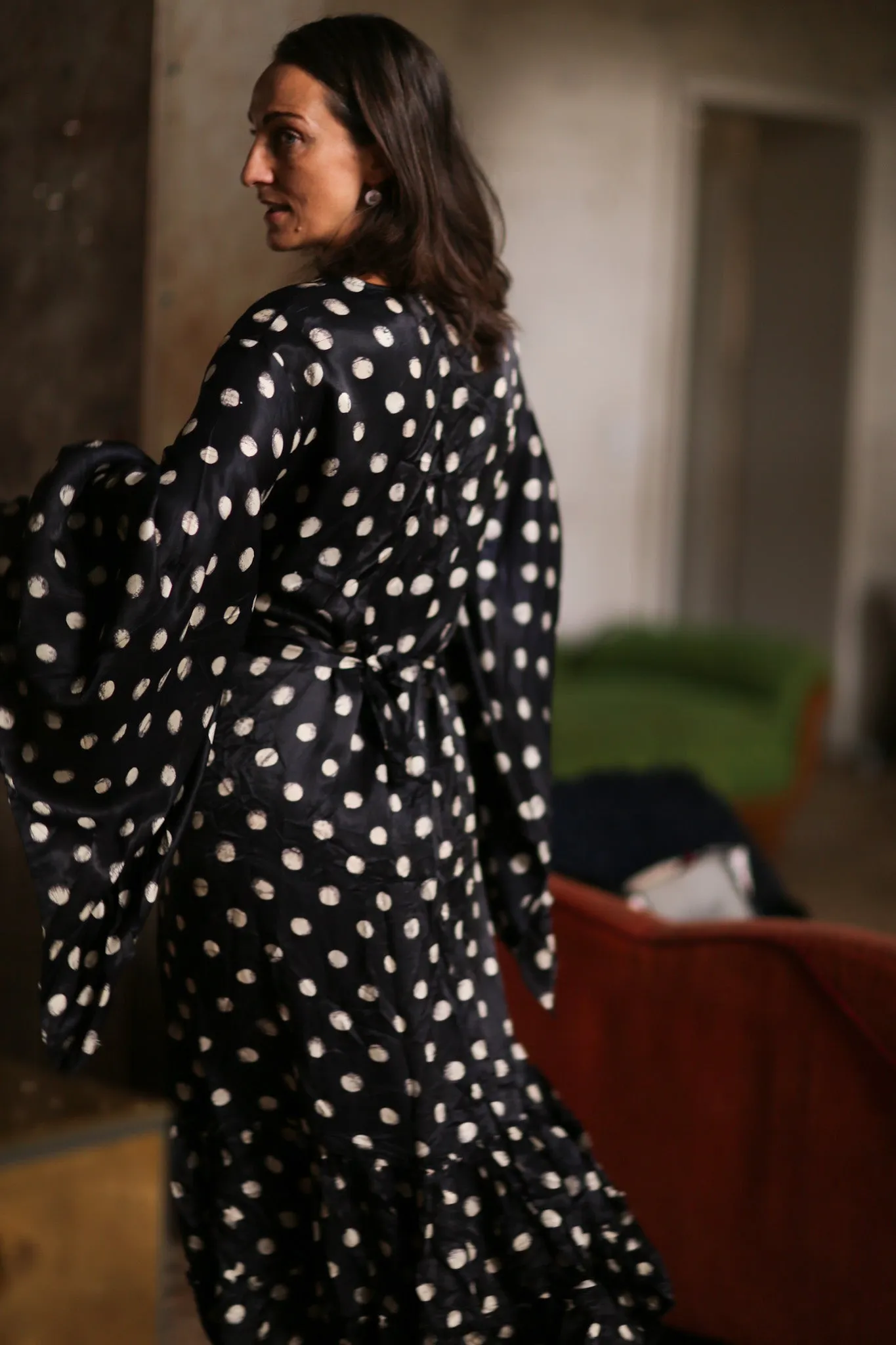 BLACK POLKA DOT XL SILK KIMONO