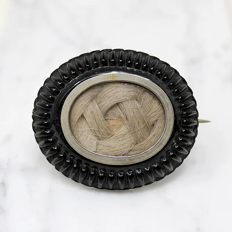 Blonde Hair in Jet Frame Mourning Brooch