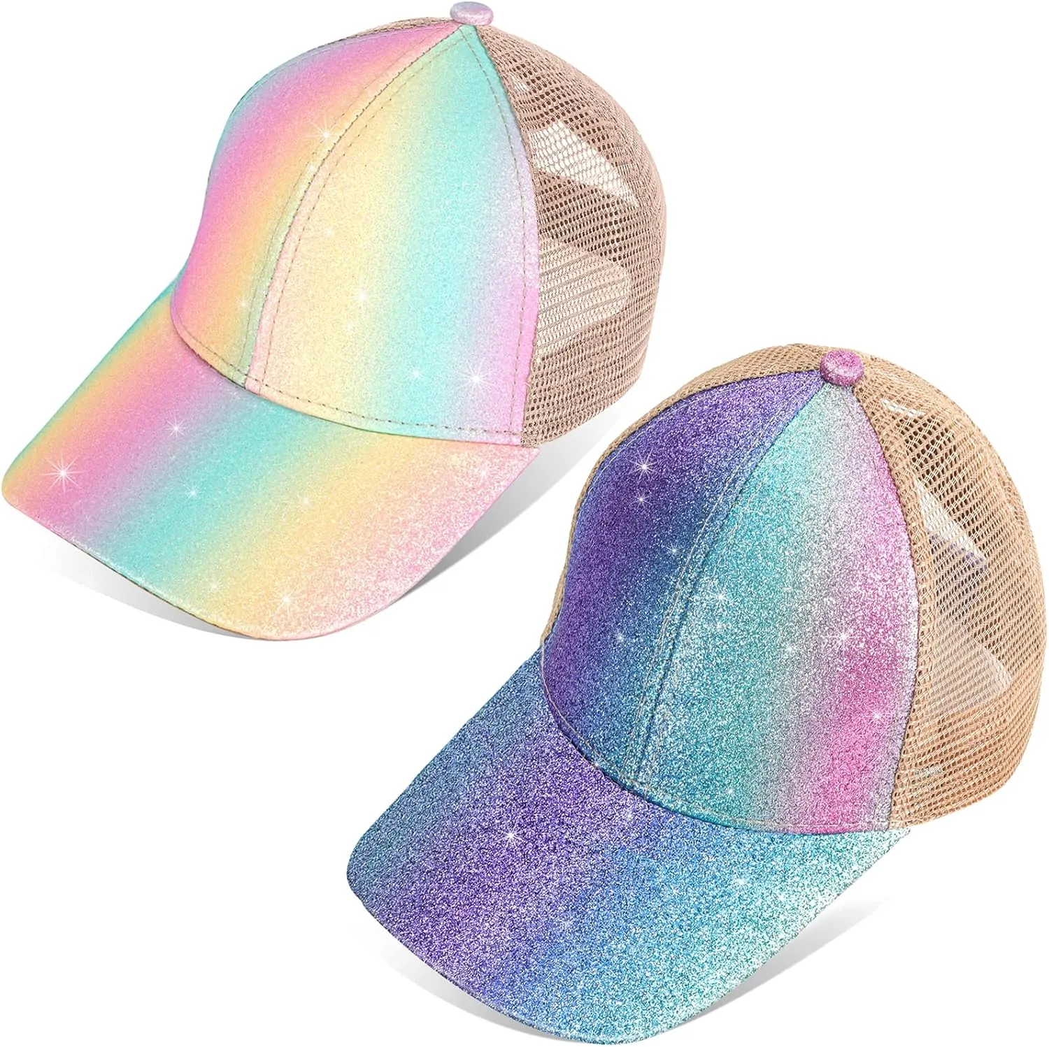 BROMZ Girls Glitter Baseball Cap Kids Ponytail Hat Adjustable Summer Mesh Trucker Hats for 4-12 Years