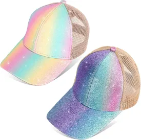 BROMZ Girls Glitter Baseball Cap Kids Ponytail Hat Adjustable Summer Mesh Trucker Hats for 4-12 Years