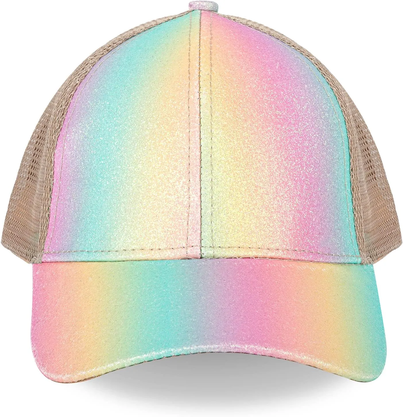 BROMZ Girls Glitter Baseball Cap Kids Ponytail Hat Adjustable Summer Mesh Trucker Hats for 4-12 Years
