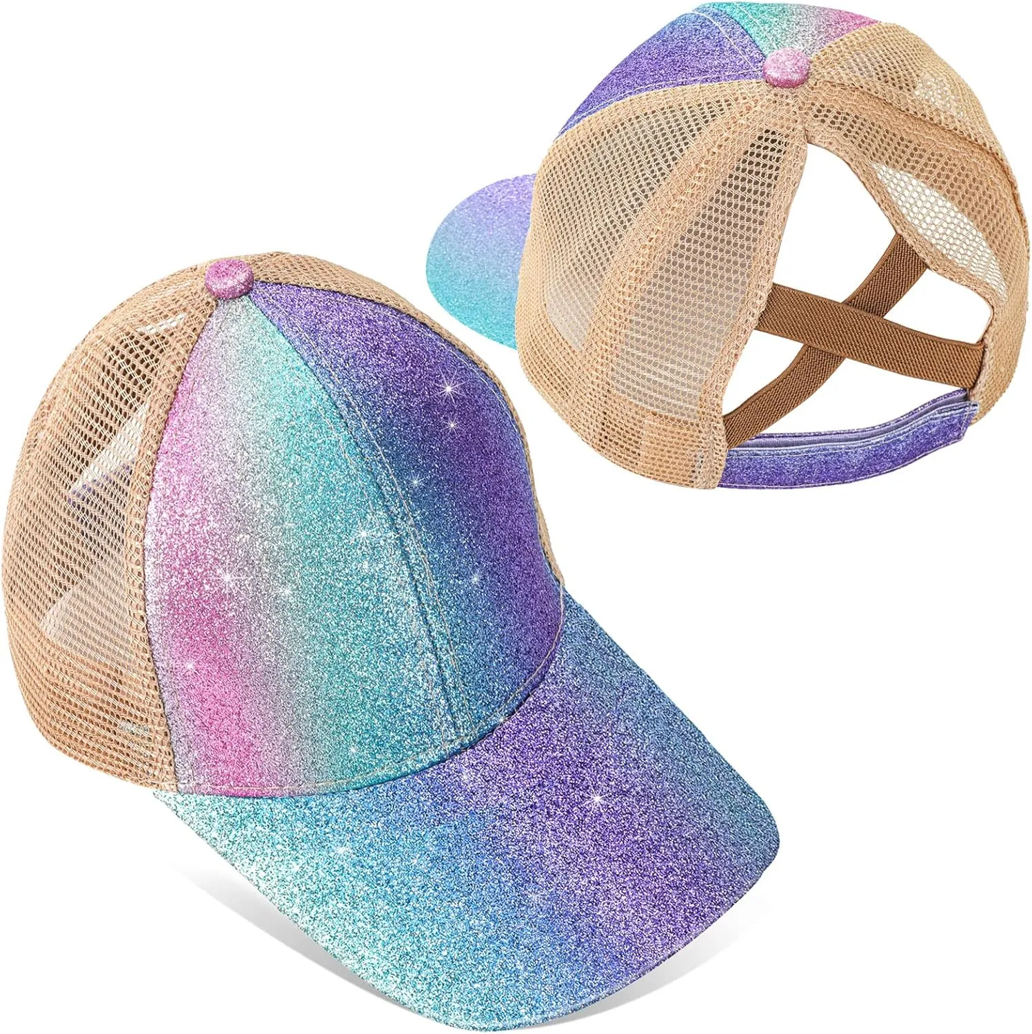 BROMZ Girls Glitter Baseball Cap Kids Ponytail Hat Adjustable Summer Mesh Trucker Hats for 4-12 Years