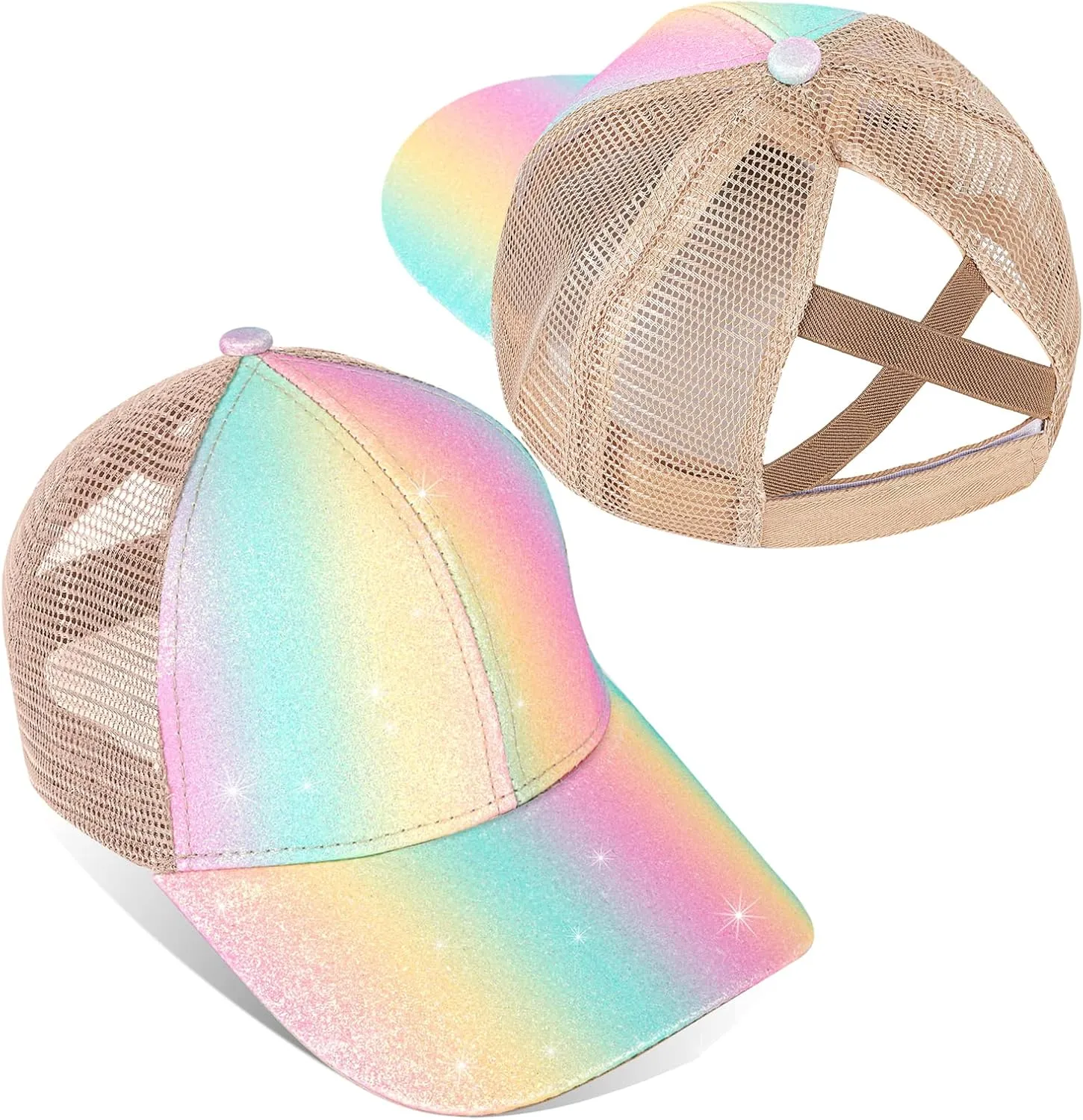BROMZ Girls Glitter Baseball Cap Kids Ponytail Hat Adjustable Summer Mesh Trucker Hats for 4-12 Years