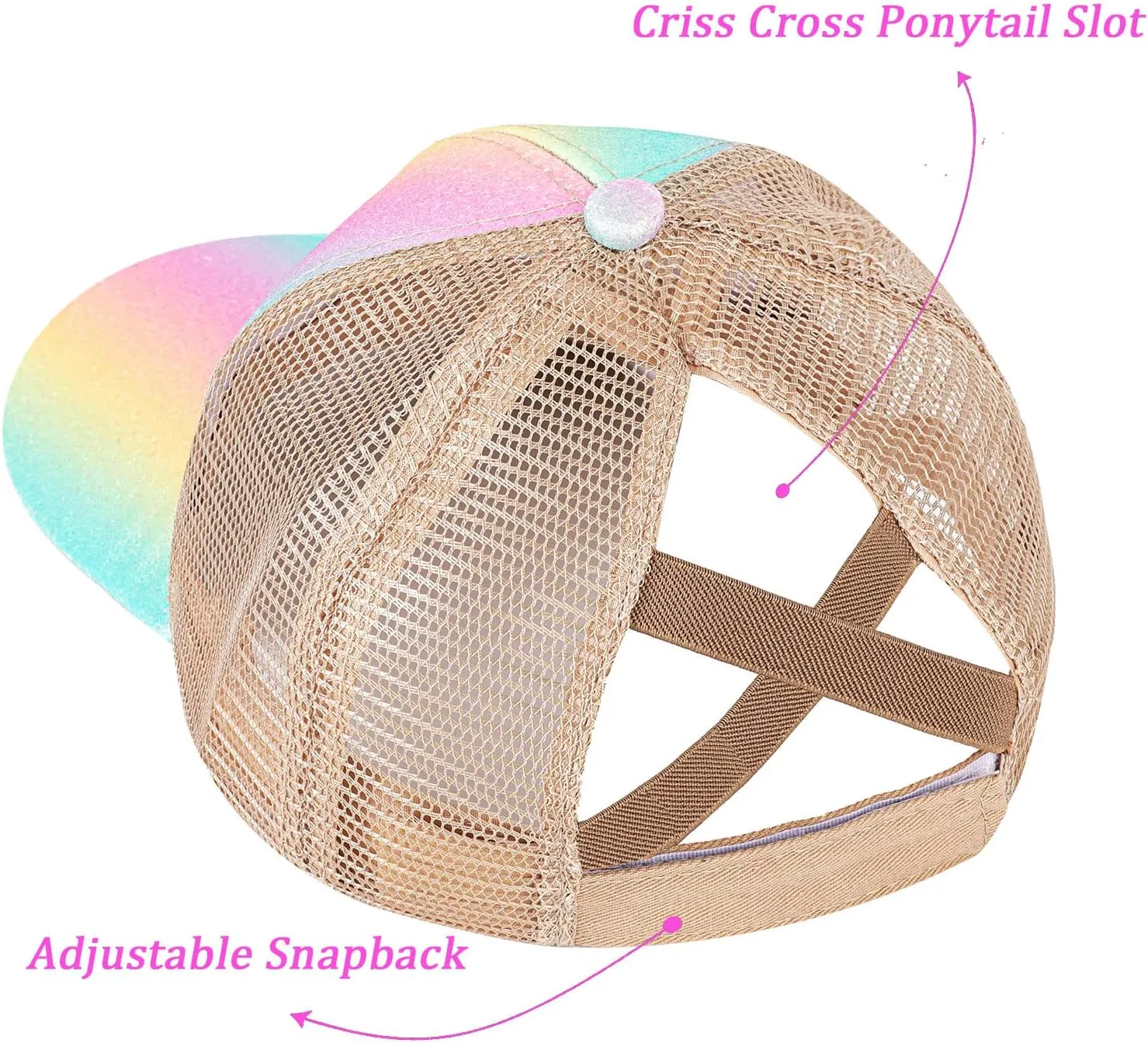 BROMZ Girls Glitter Baseball Cap Kids Ponytail Hat Adjustable Summer Mesh Trucker Hats for 4-12 Years
