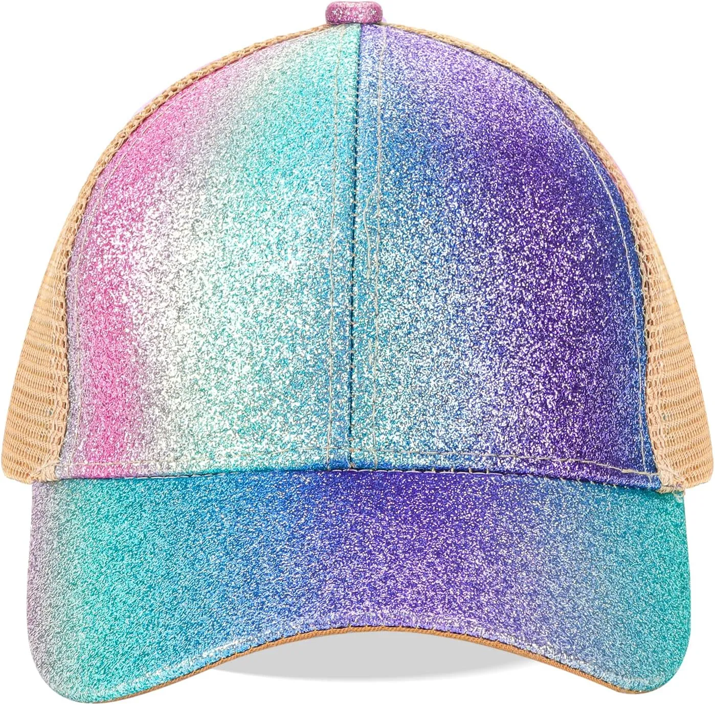 BROMZ Girls Glitter Baseball Cap Kids Ponytail Hat Adjustable Summer Mesh Trucker Hats for 4-12 Years
