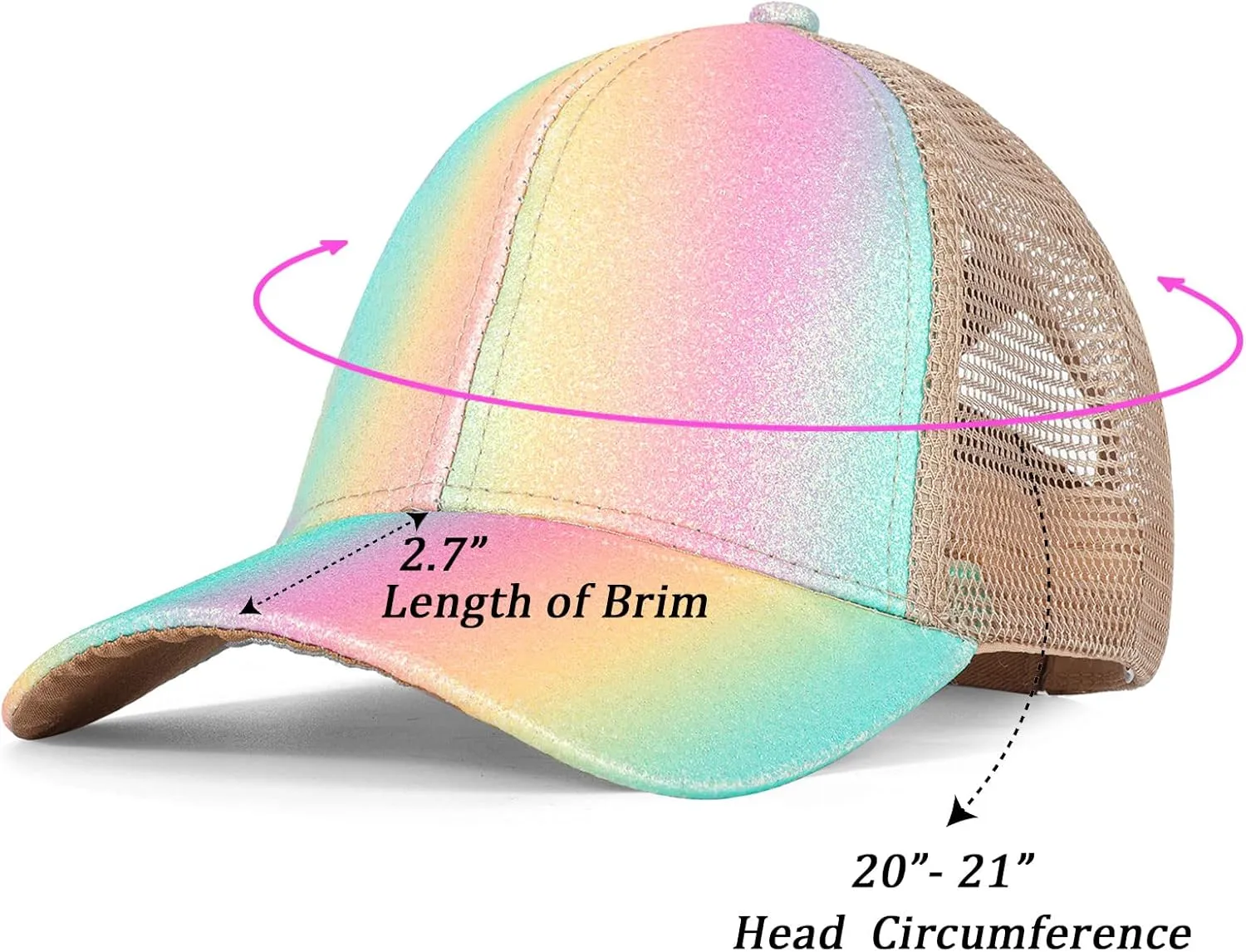 BROMZ Girls Glitter Baseball Cap Kids Ponytail Hat Adjustable Summer Mesh Trucker Hats for 4-12 Years