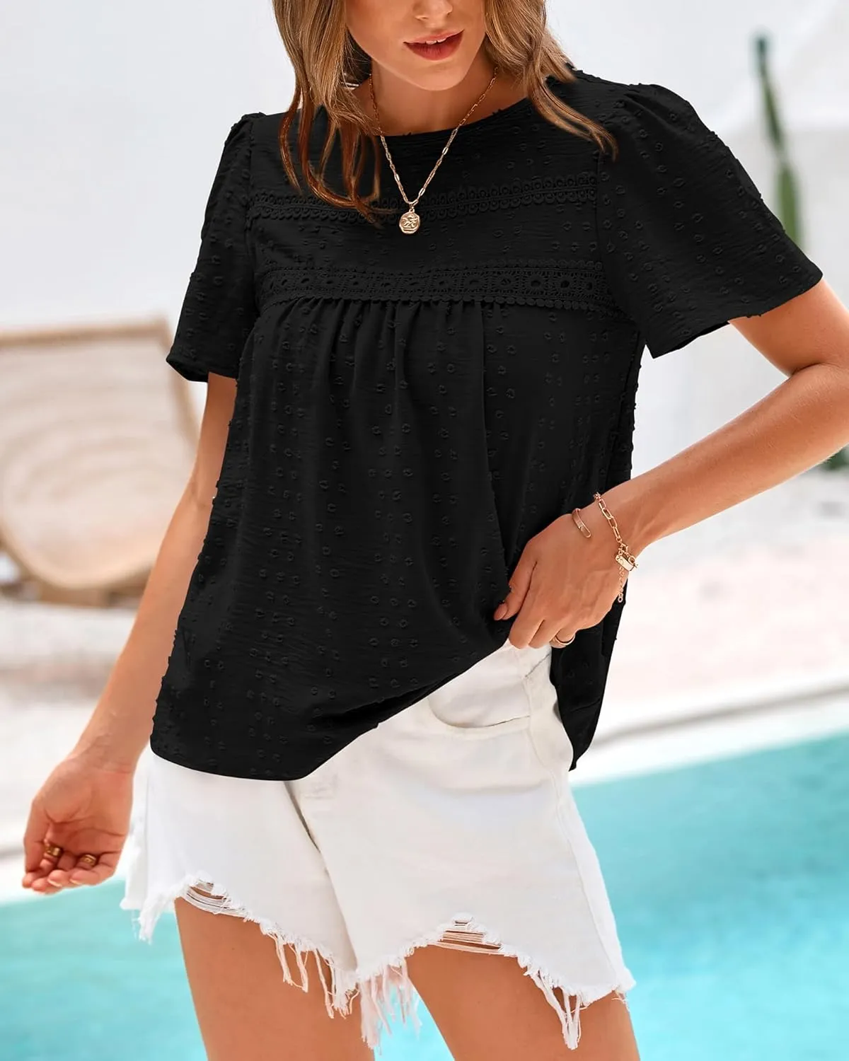 BTFBM Women's 2025 Summer Tops Swiss Dot Lace Crochet Crewneck Short Sleeve Casual Cute Shirts Boho Blouses