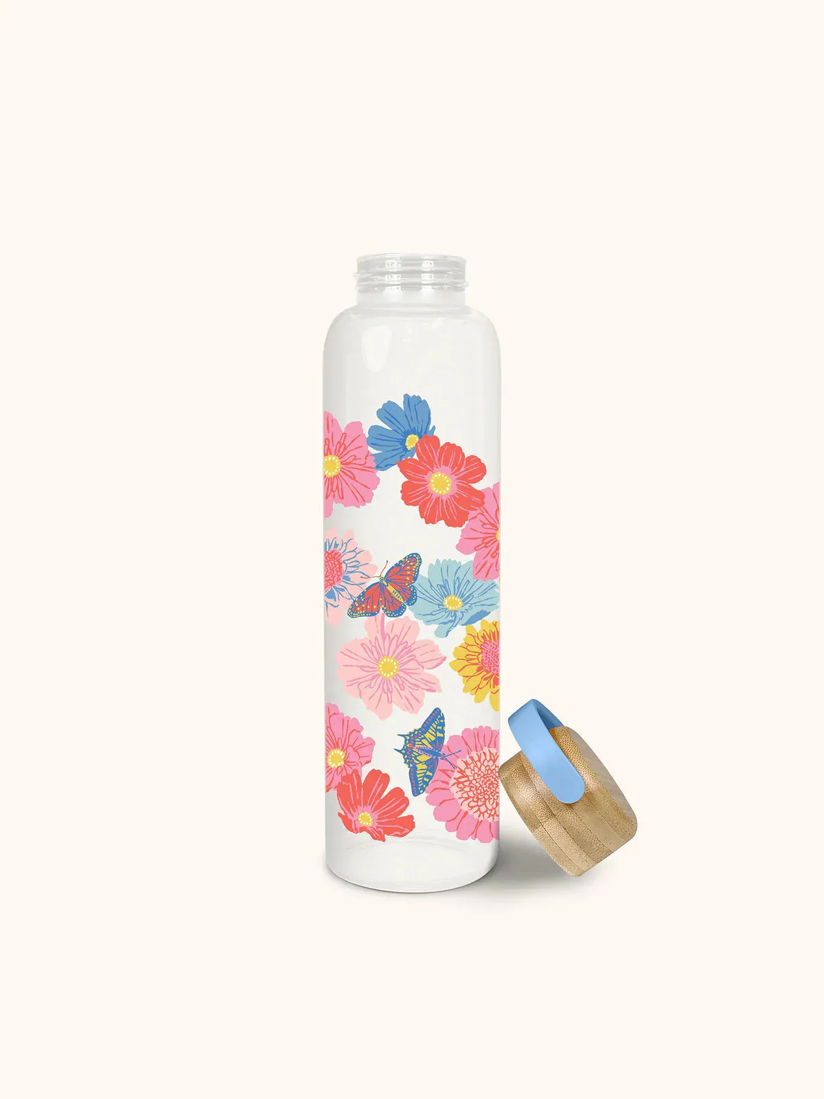 Butterfly Blossoms Glass Water Bottle w/ Bamboo Lid