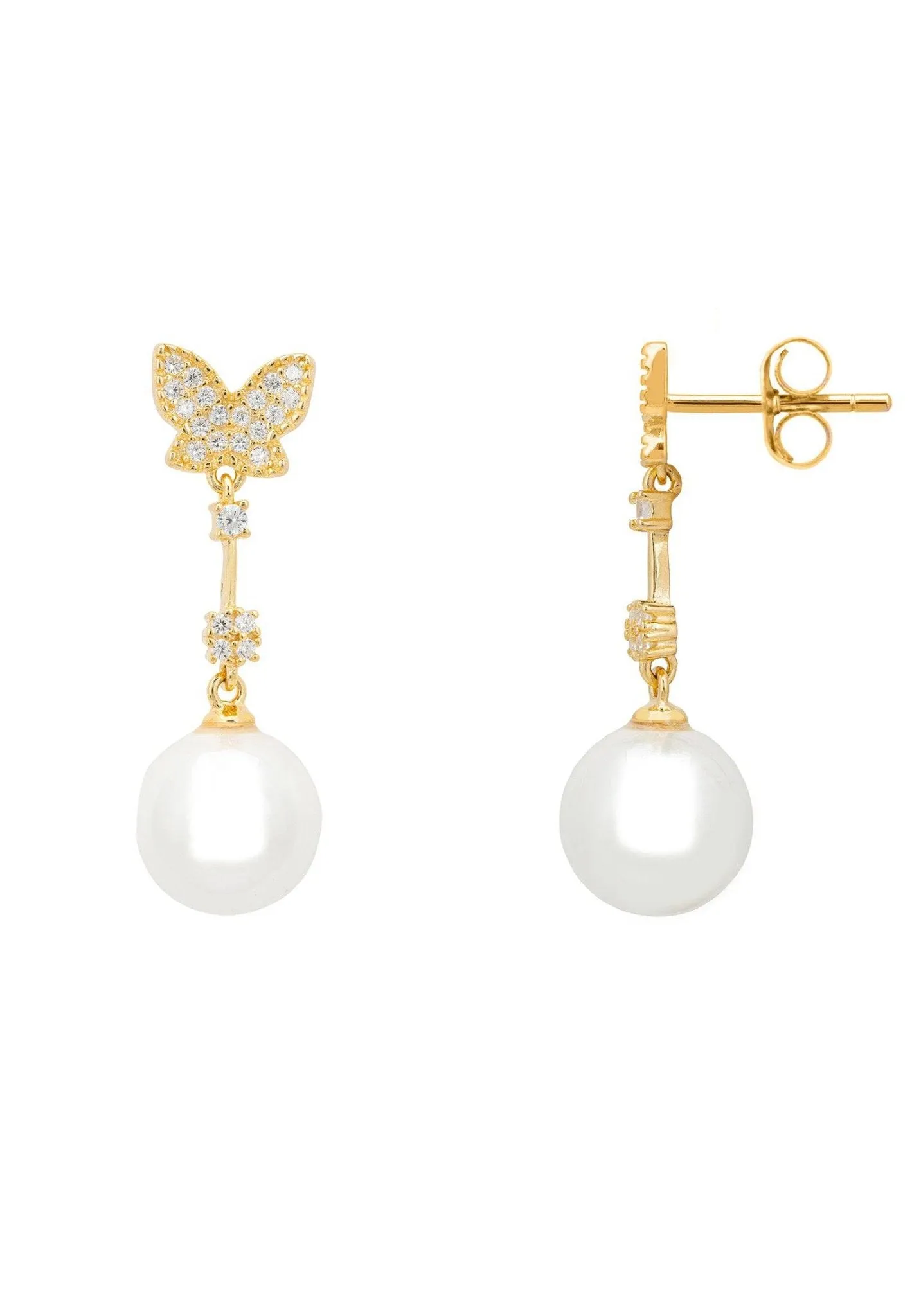 Butterfly Pearl Drop Earrings Gold