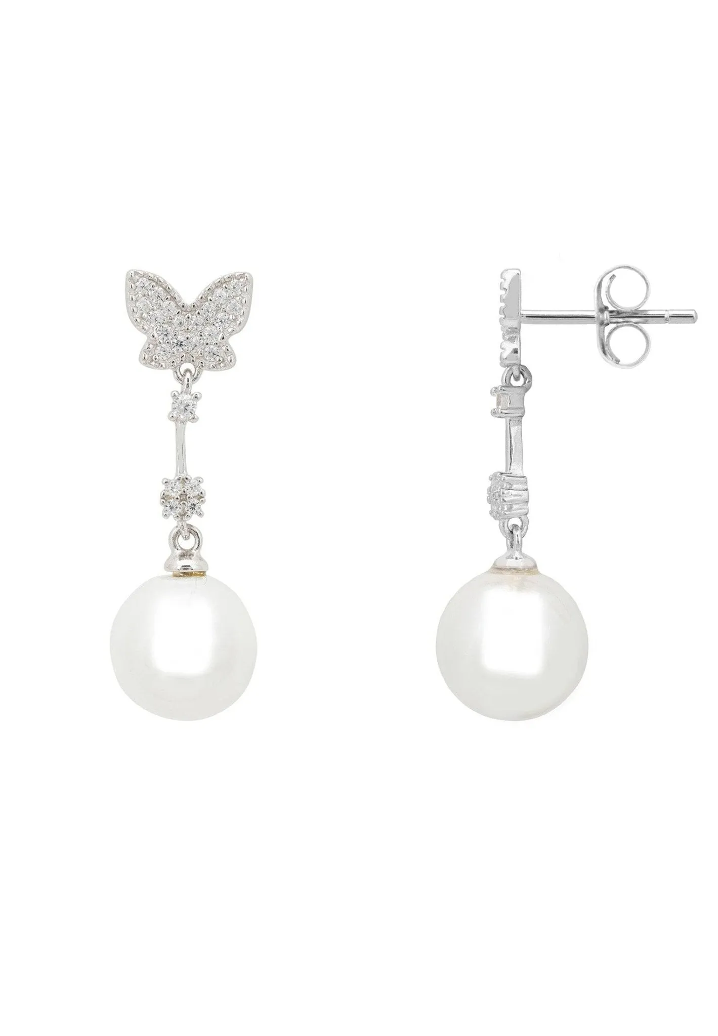 Butterfly Pearl Drop Earrings Silver