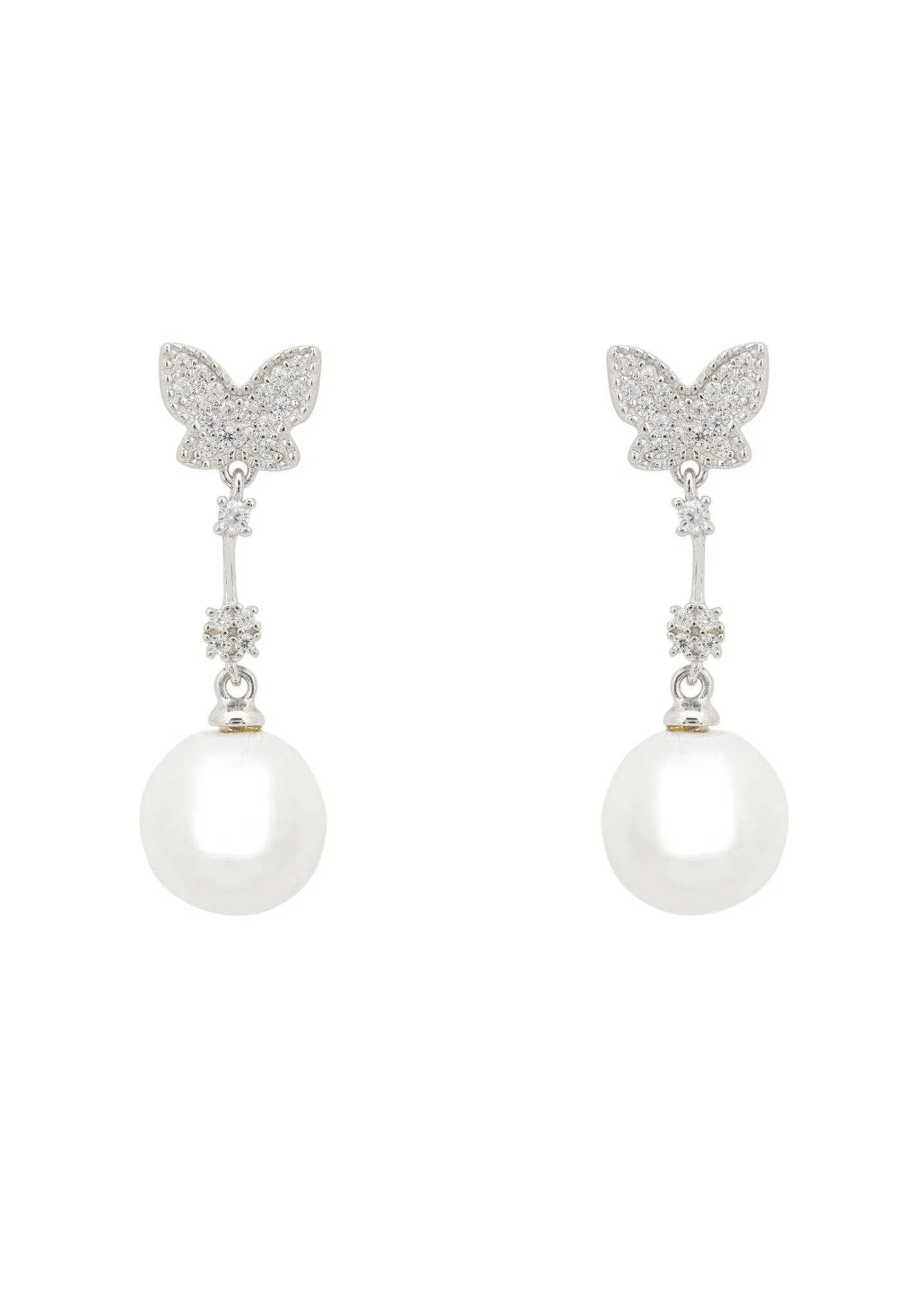 Butterfly Pearl Drop Earrings Silver