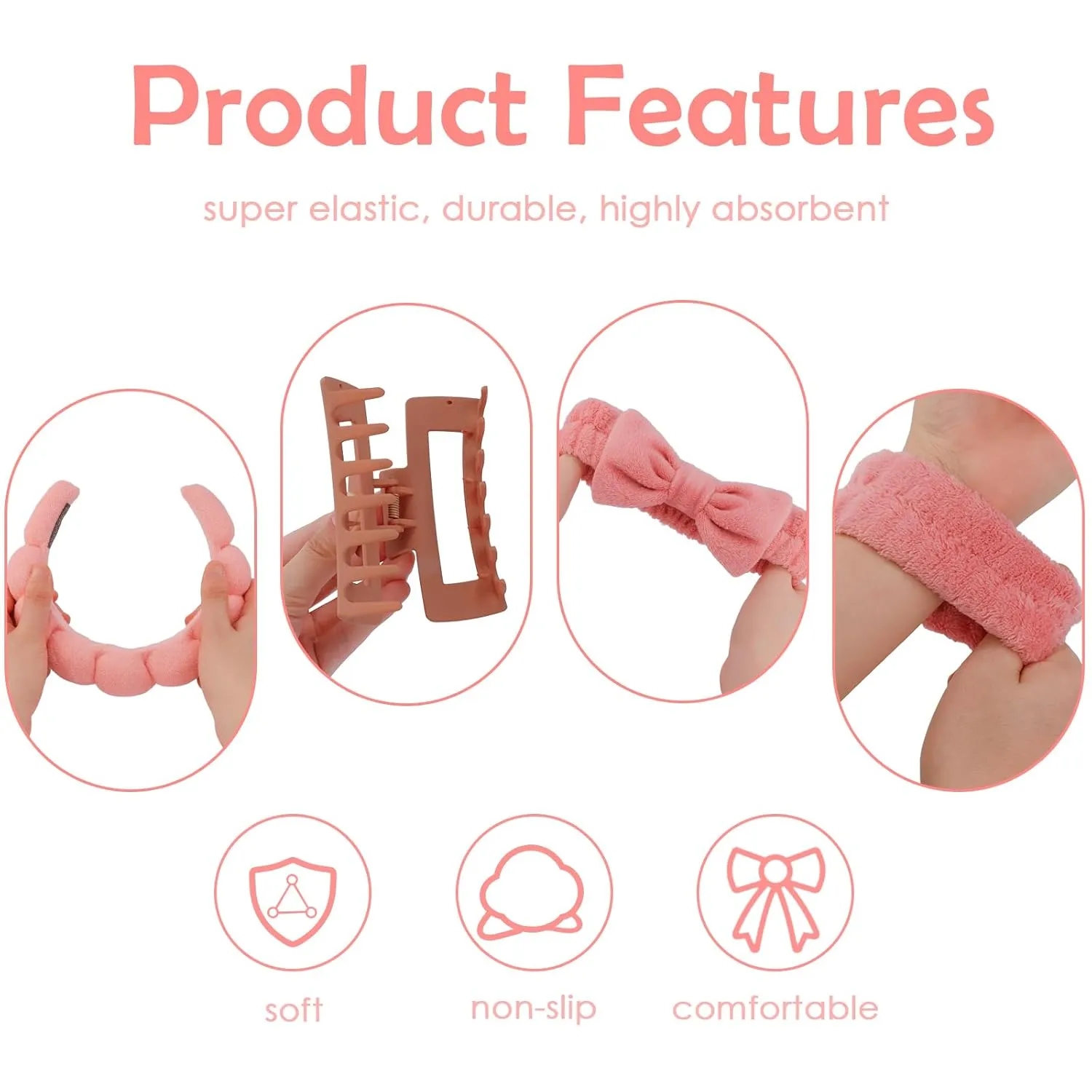 Canitor Spa Wrist Bands Set with Hair Clips Skincare Headband for Washing Face, Puffy Makeup, Preppy Teen Girl Gifts, Cute Trendy Stuff, Hair Accessories for Women