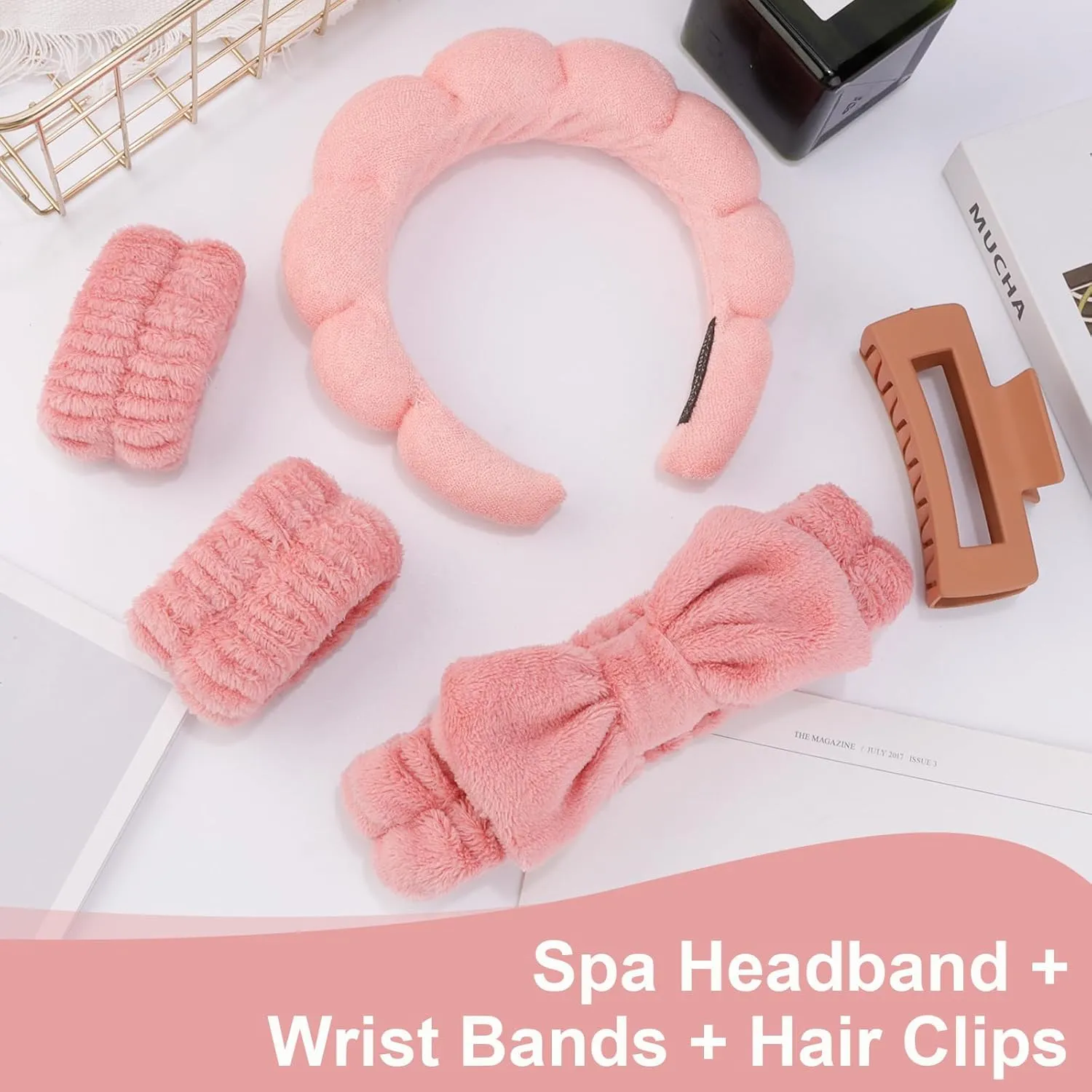 Canitor Spa Wrist Bands Set with Hair Clips Skincare Headband for Washing Face, Puffy Makeup, Preppy Teen Girl Gifts, Cute Trendy Stuff, Hair Accessories for Women