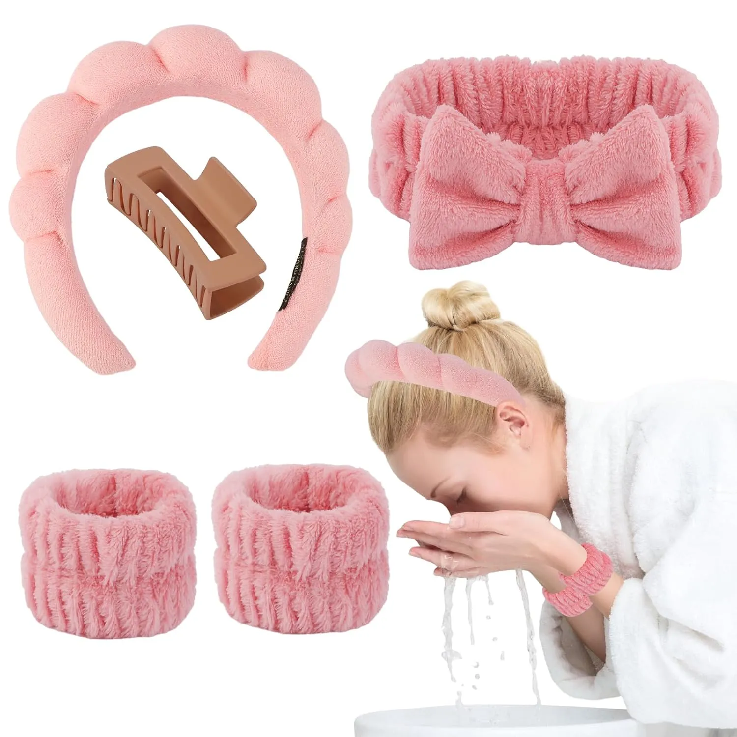 Canitor Spa Wrist Bands Set with Hair Clips Skincare Headband for Washing Face, Puffy Makeup, Preppy Teen Girl Gifts, Cute Trendy Stuff, Hair Accessories for Women