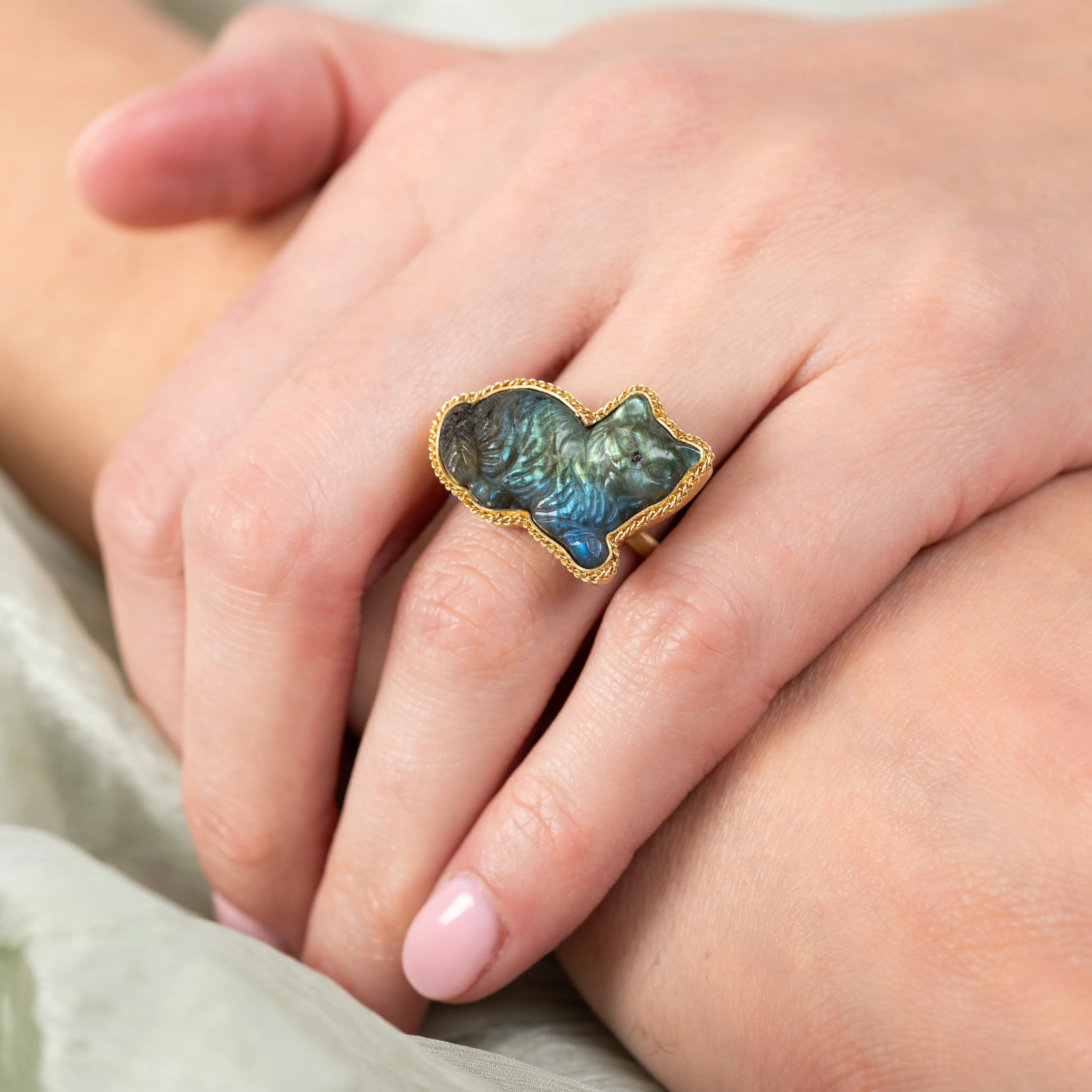 Carved Labradorite Cat Ring