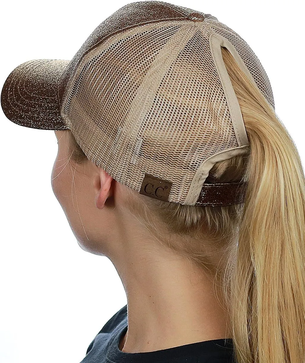C.C Ponycap Messy High Bun Ponytail Adjustable Glitter Mesh Trucker Baseball Cap