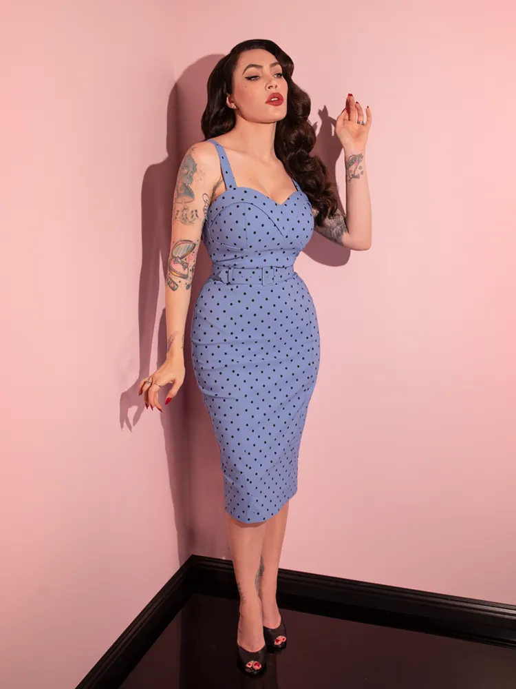 COMING BACK SOON - Maneater Wiggle Dress in Sunset Blue Polka Dot - Vixen by Micheline Pitt